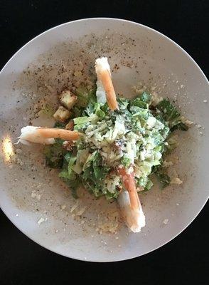 Brunch Caesar Salad with chilled poached shrimp and anchovy dust.  One of the items currently featured in our Mara Brunch package.