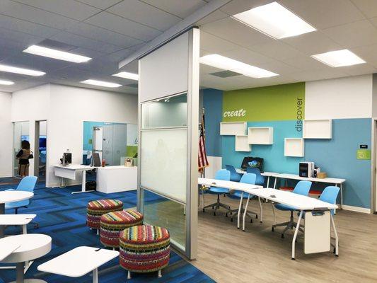 Newly renovated resource center with different furnishings, collaborative and independent study spaces, and the latest technology.