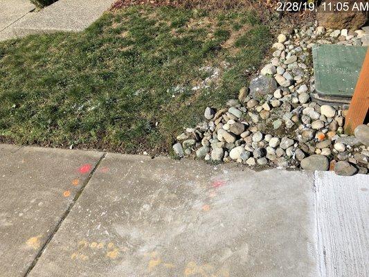 Concrete mix staining the existing sidewalk and some left in the lawn.