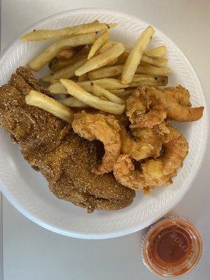 Fried Snapper, Fried Shrimp (white/medium) and Fries.