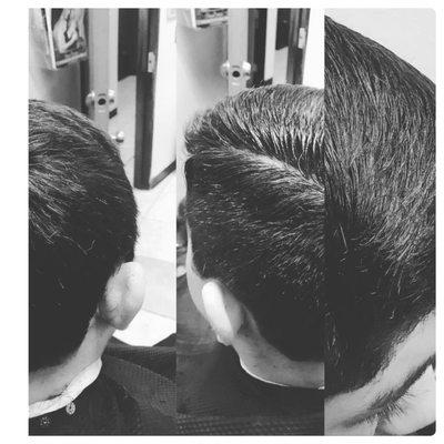 Men's haircut before (left picture) and after.