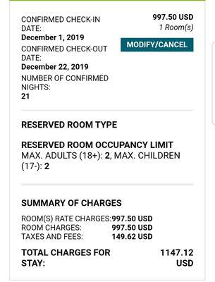 Agreed cost when booking room.