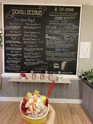 Their strawberry Shortcake ice cream roll and their menu