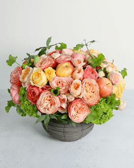 birthday arrangement of garden roses, roses, hydrangea, ivies and lady apples