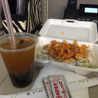 Mango Jasmine green tea with boba and the popcorn lobster roll