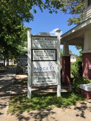 Sign outside the Law Office of David B. Tarr, on Elmwood Avenue, across the street from No Name Deli in Downtown Columbia SC.