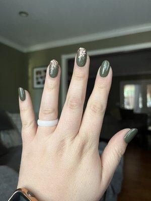 Sage green nails with rose gold glitter ombré