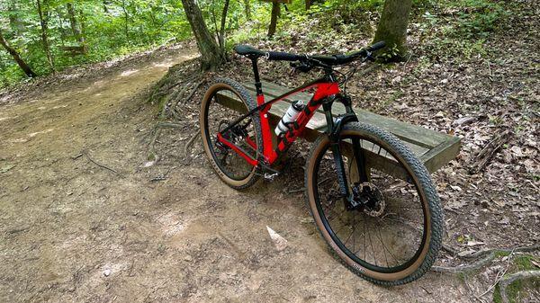 Start/finish area for The Mill trails (Raceway, Powerhouse, Turbine, and Moore's Pass) at Rope Mill Park. Trail map is at this point.