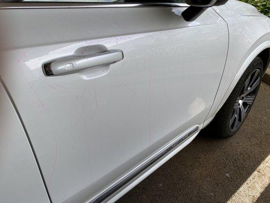 Pink soap on side of car