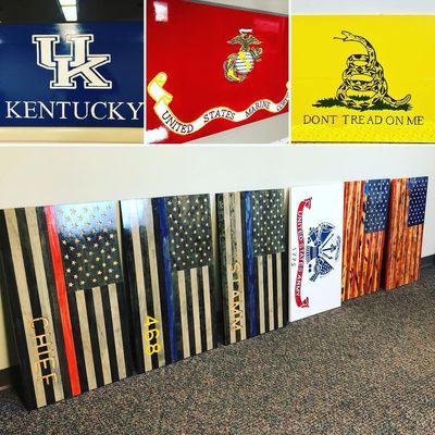 Some of the many wood flags we have made