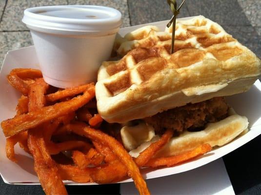 Mmmm chicken and waffle grilled cheese (sans cheese since I thought that sounded weird with syrup).