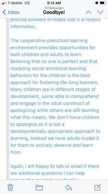 This is an email from the director telling me they don't force kids to apologize because it's not appropriate learning ‍