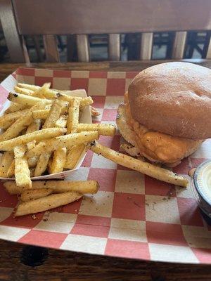 Buffalo chicken sandwich and fries