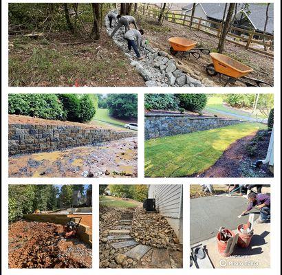 Retaining walls, artificial turf/installation/ stepping stone