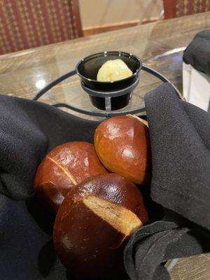 Complimentary bread- pretzel buns warmed