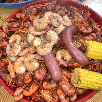 Saturday Special - 5lbs crawfish, 1 lb shrimp, 1 link, potatoes and corn for $50.