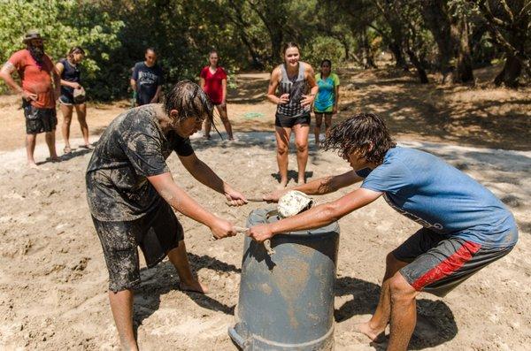 Campers play kajabe-can-can/faceplant at camp