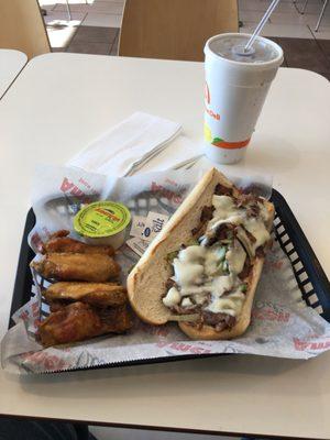 Philly cheese and wing combo with drink for 9.99 not bad. I just don't recommend the Lemon pepper flavor it wasn't that good