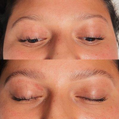 Brow Lamination before and after for fuller brows.