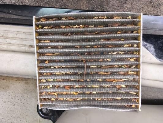 Cabin air filter from a 2011 RAV4. Customer complained her air conditioning smelled and was barley coming out. Problem solved.