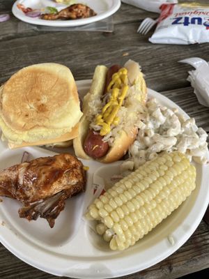 Burger, Hot dog with kraut, half a chicken breast and half an ear of corn