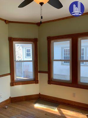 Installation of new window trim, crown moulding, and baseboard! #ESMARCONSTRUCTION