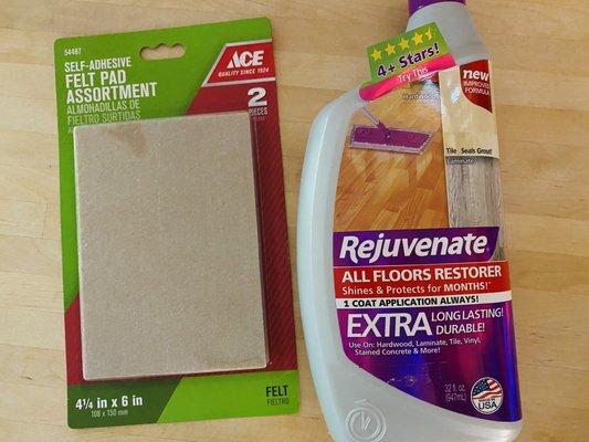 Self Adhesive Felt Pad assortment and Rejuvenate All Floors Restore