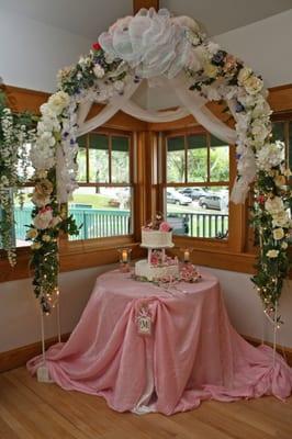 Wedding, arch, draping, cake table, Donnelly Park