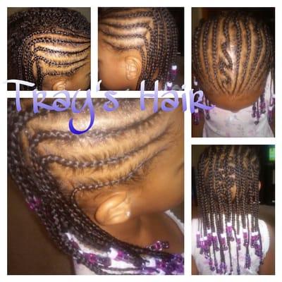 Before and After.
Two layer Cornrows with designs and beading.
By: Tray