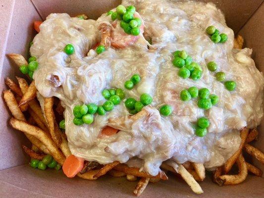 Chicken pot pie poutine - lots of peas