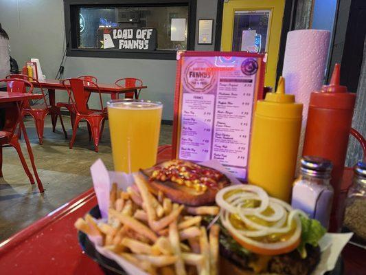 Hand-pressed, loaded classic cheeseburger and fries. Delish!