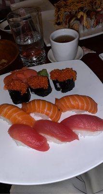 Tuna, salmon, tobiko sushi