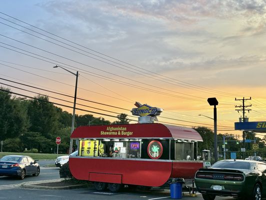 Dusk view of restaurant on wheels.  Photo by Henry McGalem