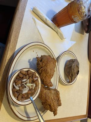 Fried Chicken white meat, Pintos w/light onions baked sweet potato