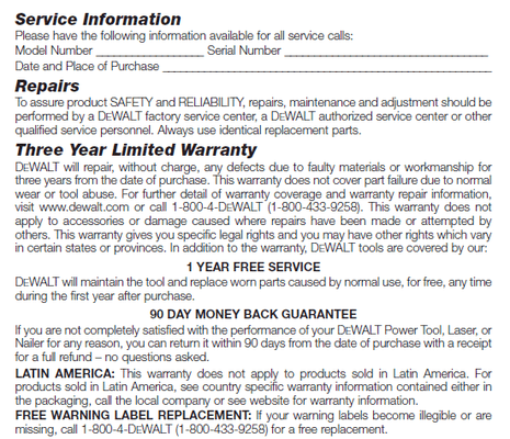 DWS780 Miter Saw Warranty