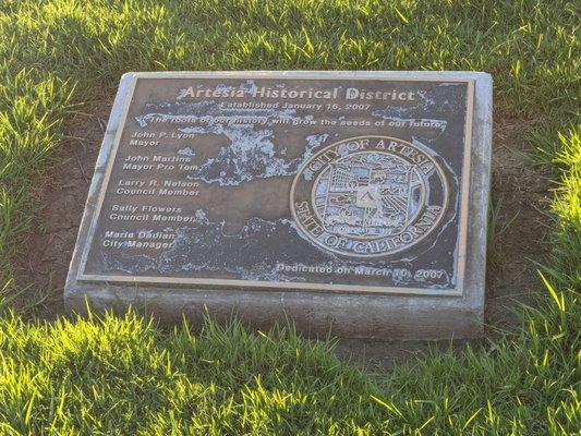 Plaque for the Artesia Historical District