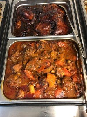 BBQ chicken (top)(bottom)  brown stew chicken