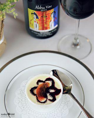 Aly's restaurant Panna Cotta  with a Alebru Vino Syrah!!