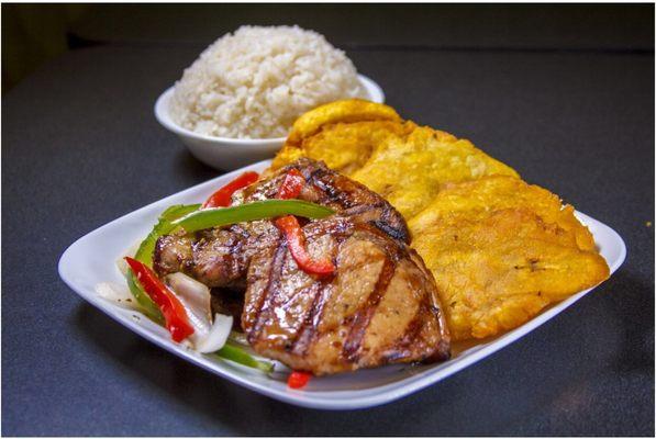 Grill pork chops plantain  white rice