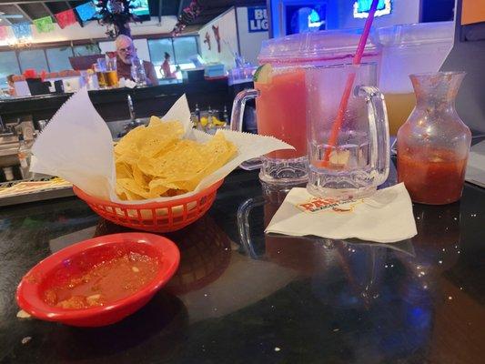 Free chips and salsa, buy one, get one free margaritas and cold mug dos equis.  Win win