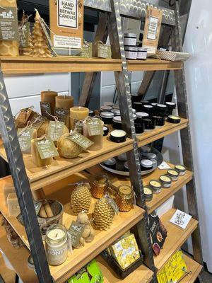 Locally sourced products including candles and skincare made with our honey and wax.