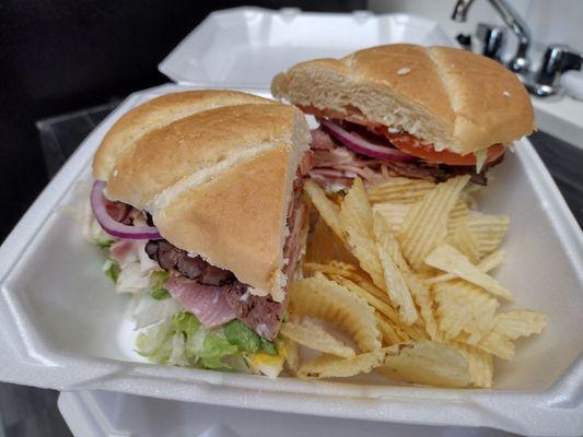 The Nirvana
"Turkey,Ham,Roast Beef,cheddar, Swiss, mayo, mustard, lettuce ,tomato and red onion"