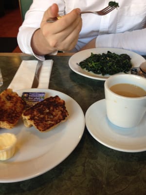 Toasted muffin, a ton of spinach and garlic and coffee.