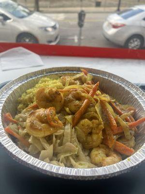 Curried Shrimp Entree with steamed cabbage