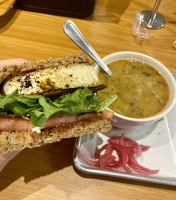 Half a Tofu BLT sandwich and bean and kale soup (and pickled onions)