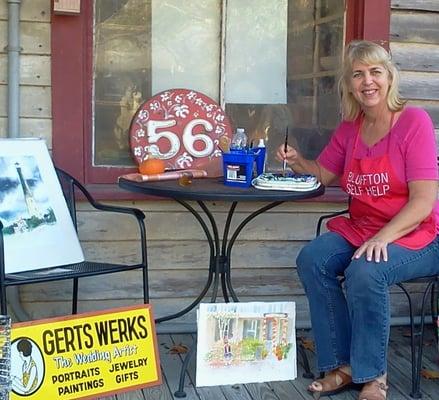 Local Artist Gertrude Palmer, Thursdays noon to 2:00 paints from the porch.