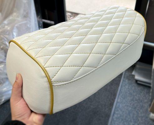 Honda 70 motorcycle seat upholstered complete with diamond stitch and gold piping