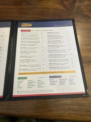 Pizza menu