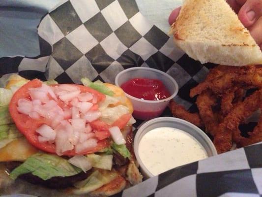 Turkey burger and onion rings