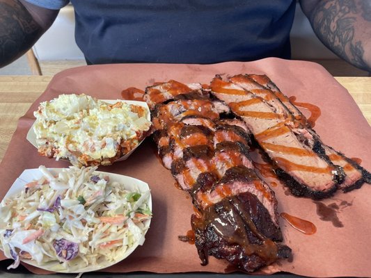 Potato salad, Cole slaw, Ribs, & brisket